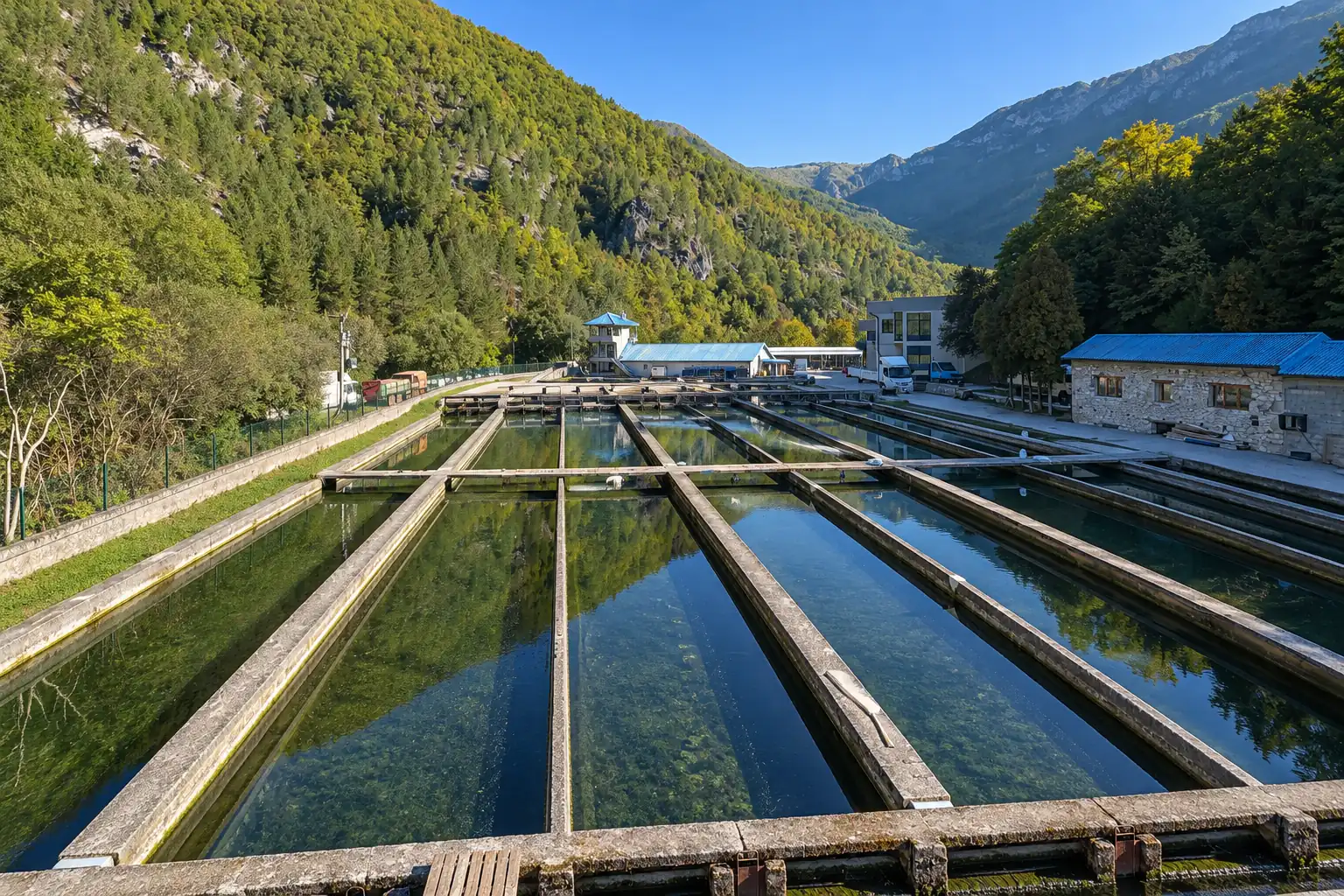 Bazeni ribnjaka okruženi šumom i planinama